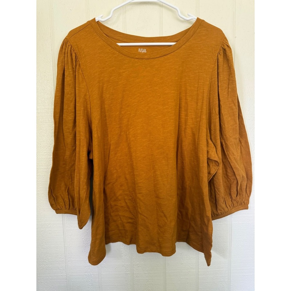 ANA A New Approach Mustard Yellow Slub Knit Puff Sleeve Top 1X New With Tags - Picture 2 of 5
